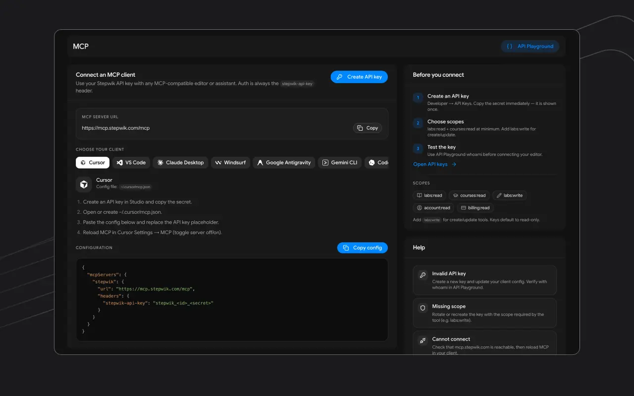 Stepwik MCP connection page with Cursor config